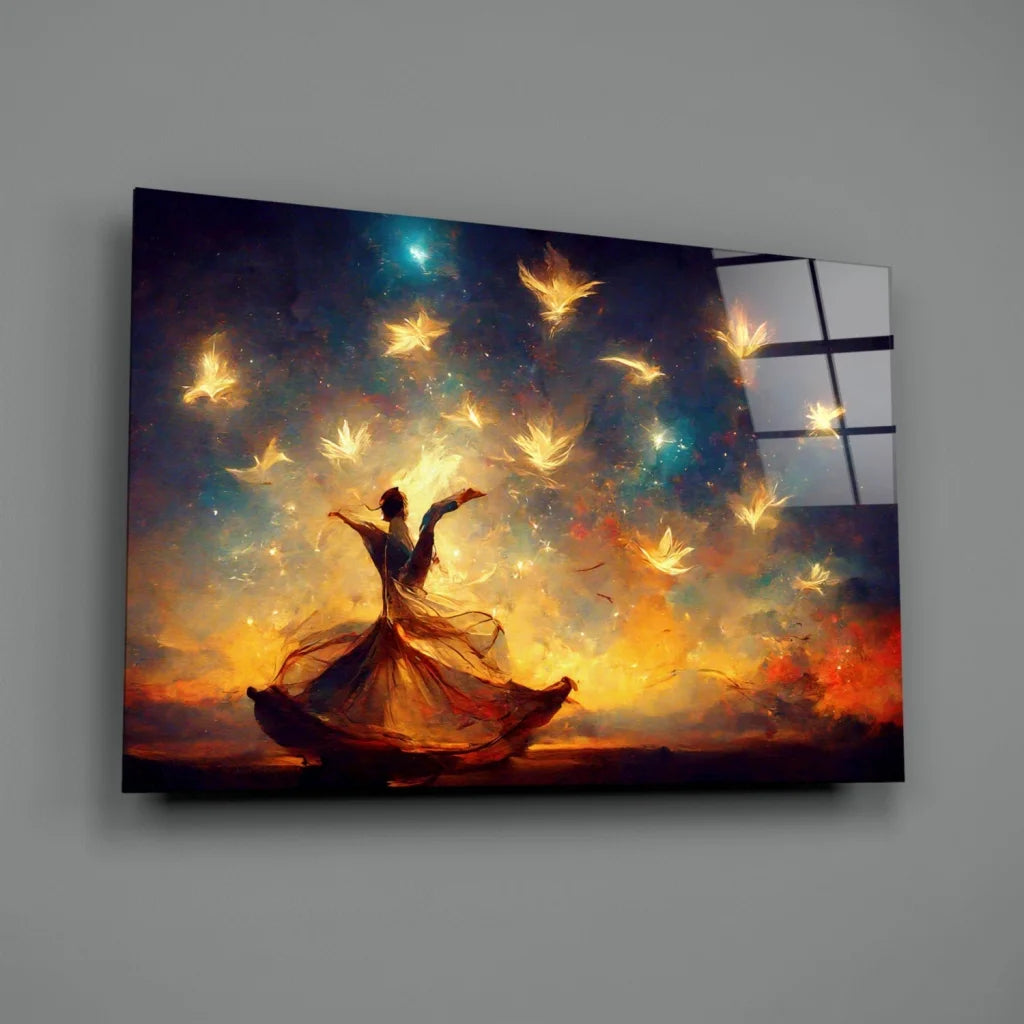 Vibrant glowing autumn dancer canvas wall art with golden maple leaves