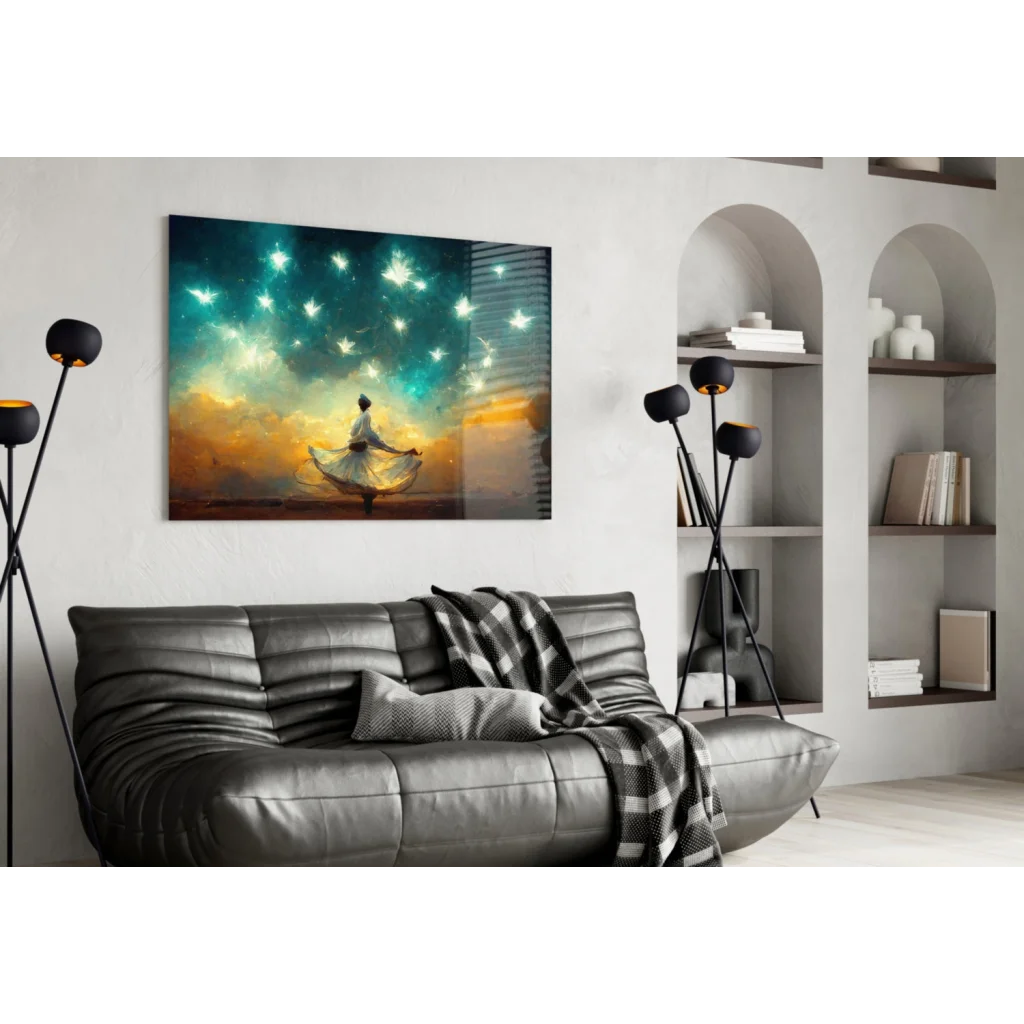 Solitary dancer in white spins under teal orange starry sky on starlit dance wall art canvas print