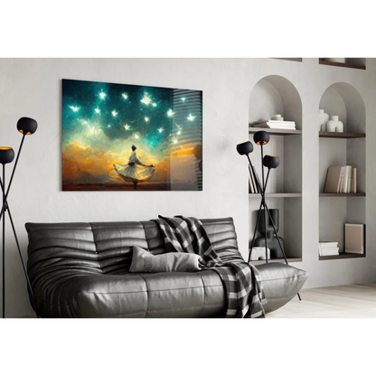 Solitary dancer in white spins under teal orange starry sky on starlit dance wall art canvas print