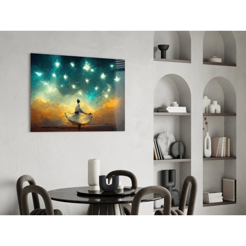 Silhouette dancer in teal orange starry sky wall art canvas print