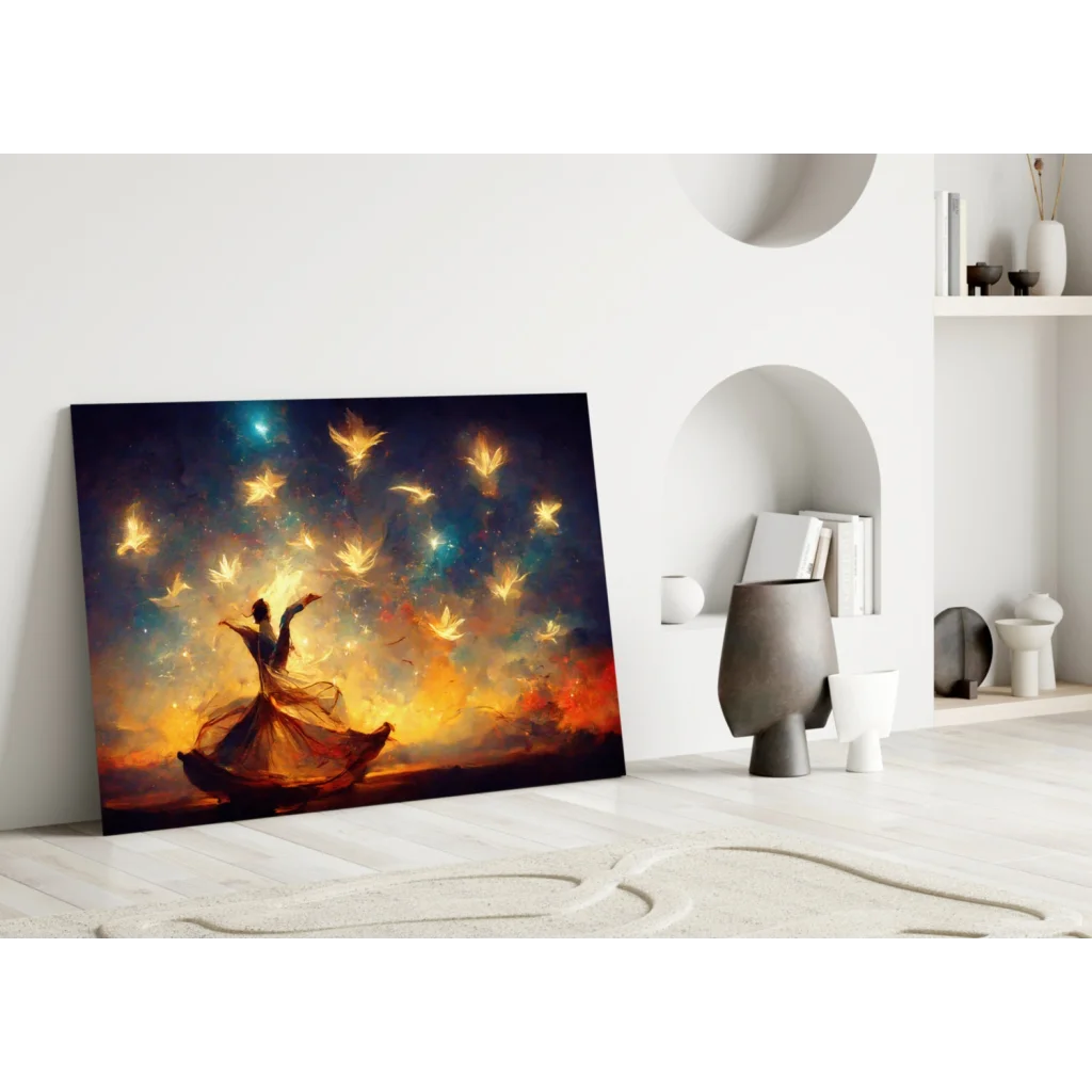 Vibrant canvas wall art of dancer in orange robes amid glowing golden maple leaves at twilight