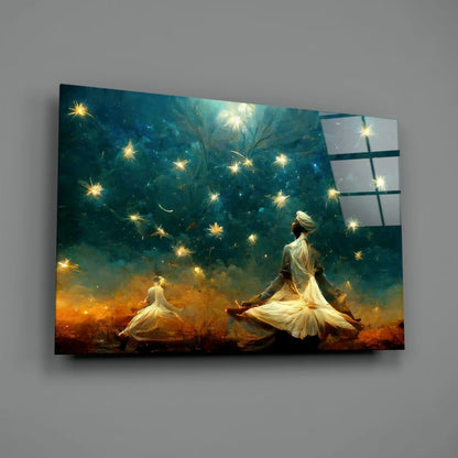 Mystical meditation wall art canvas with glowing fireflies