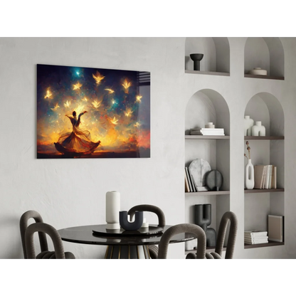 Vibrant dancer with golden butterflies and maple leaves in cosmic wall art