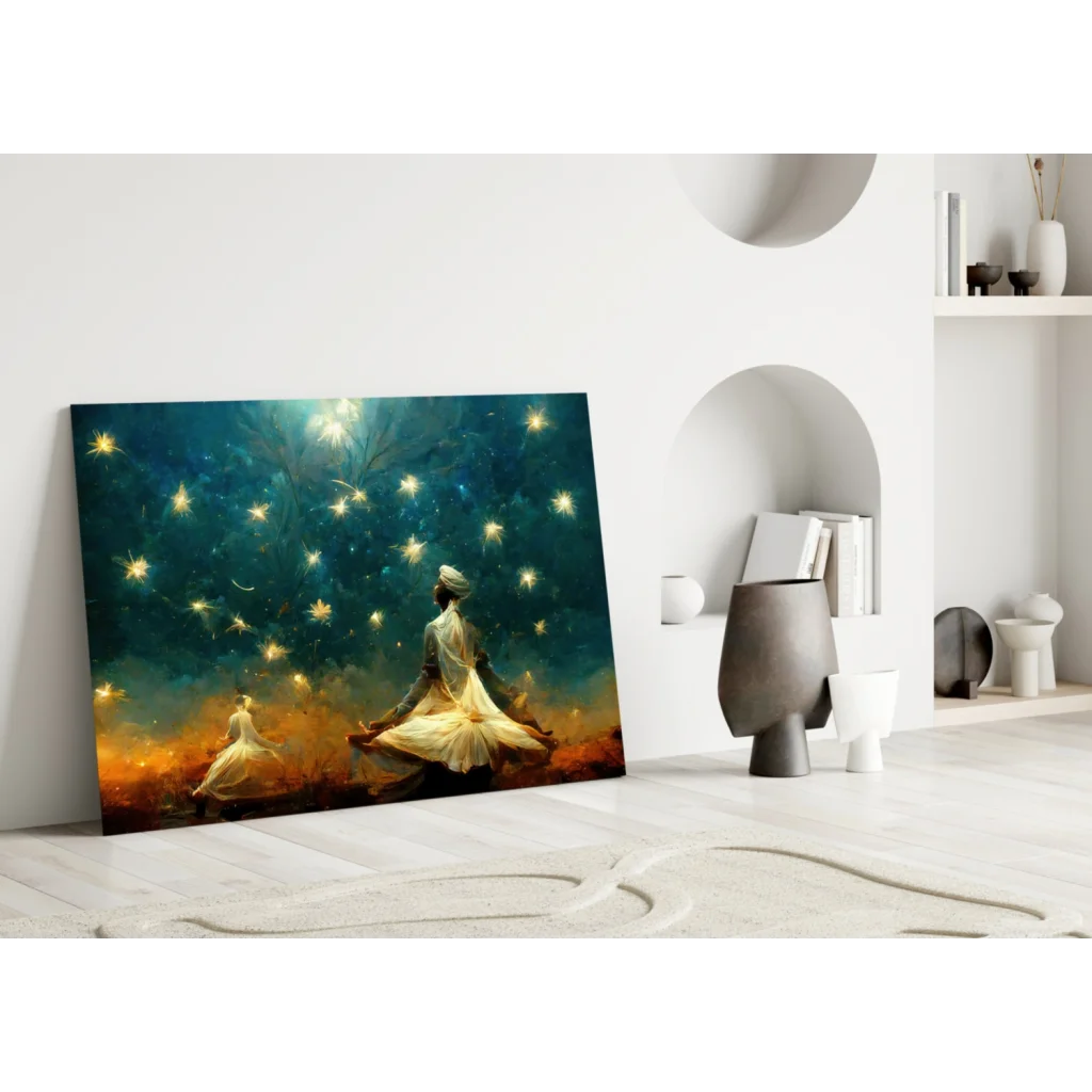 Serene meditating figure on mystical wall art canvas with fireflies