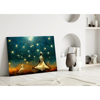 Serene meditating figure on mystical wall art canvas with fireflies
