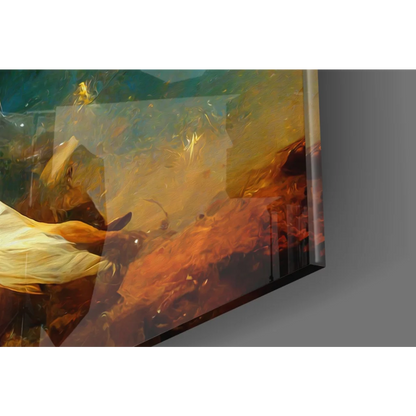 Vibrant abstract landscape wall art with glowing fireflies in orange hues