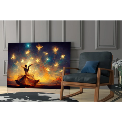 Vibrant dancer in orange-red gown with glowing golden maple leaves wall art