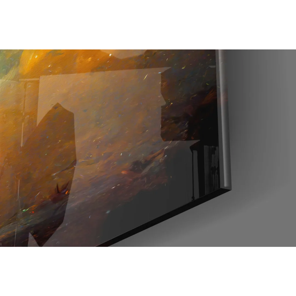 Sleek TV in thin silver frame showing Starlit Dance glass wall art