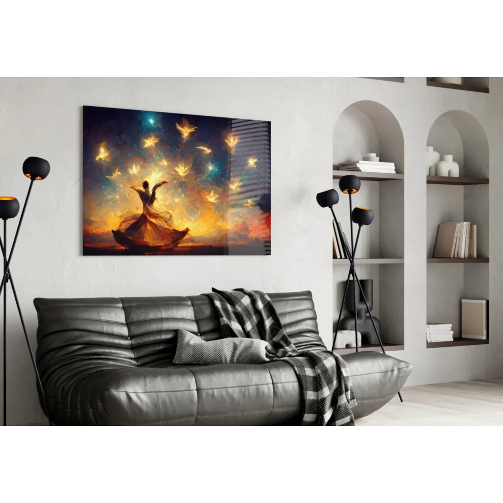 Vibrant dancer in golden maple leaves wall art canvas