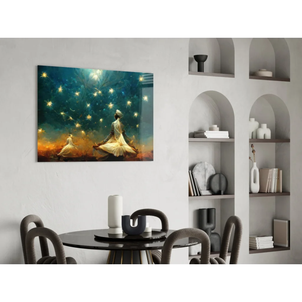 Mystical meditation wall art canvas with glowing fireflies and cosmic figures