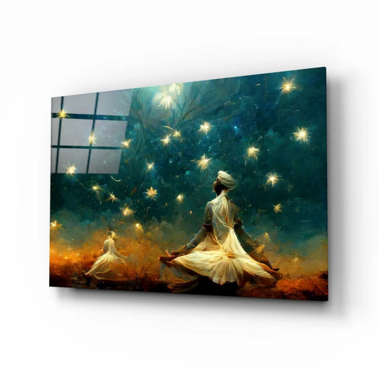 Mystical meditation wall art canvas with glowing fireflies and ethereal figures