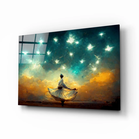Woman spinning in white under teal orange fireworks sky, starlit dance wall art print