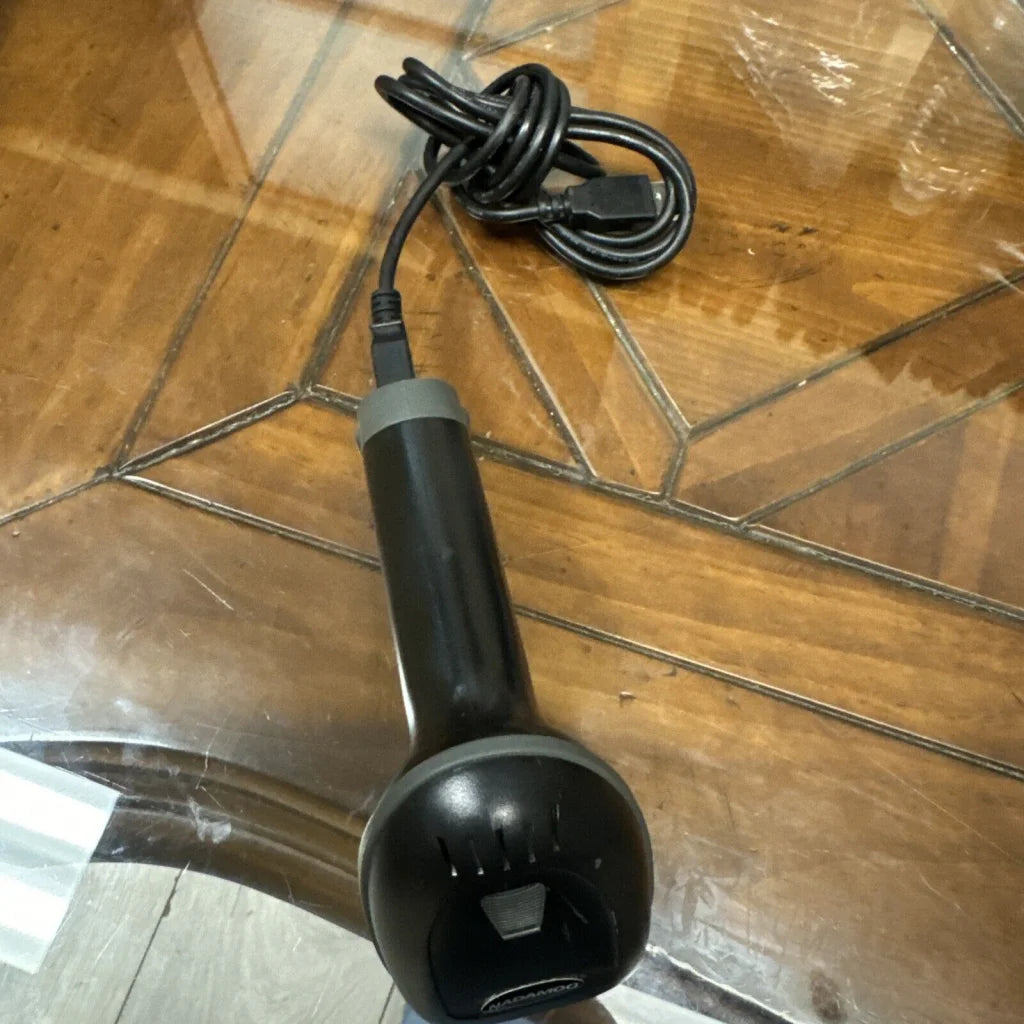 Nadamoo Bur3003 black wireless handheld barcode scanner with coiled USB cable