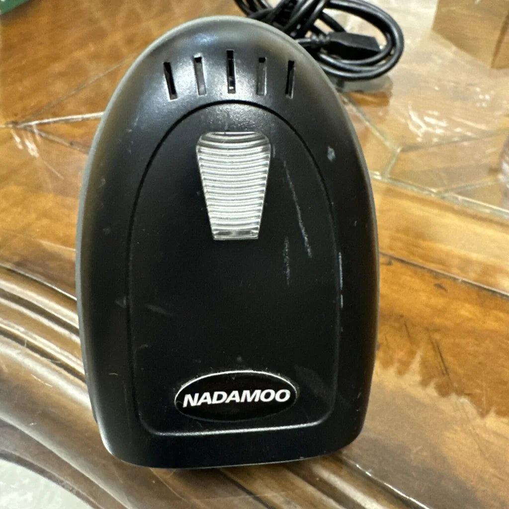 Nadamoo Bur3003 black wireless barcode scanner with ribbed button and slits