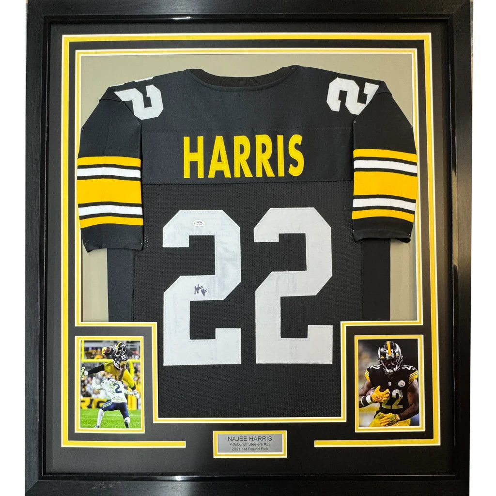 Framed autographed Najee Harris Steelers jersey with two player photos for your man cave