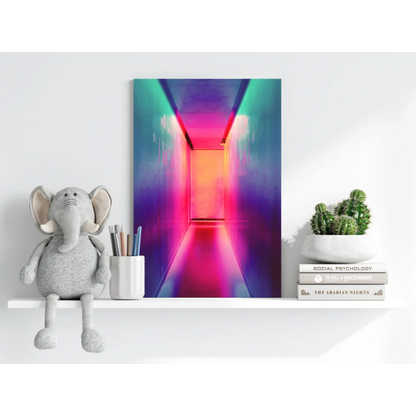Vibrant abstract hallway in Insigne aluminum prints with neon pink, purple, teal gradients