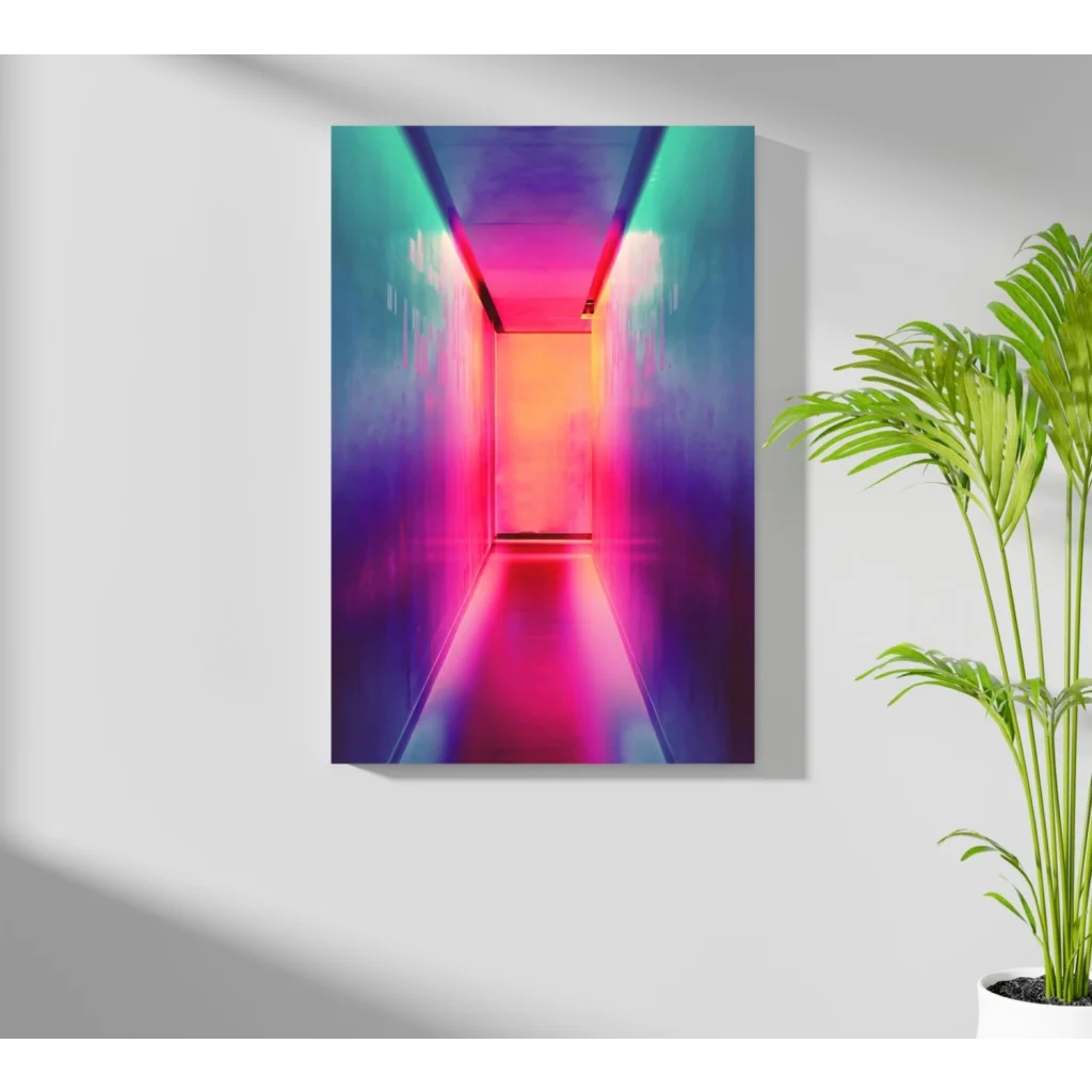 Vibrant abstract hallway on Insigne aluminum print with neon gradients