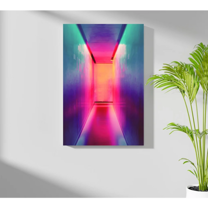 Vibrant abstract hallway on Insigne aluminum print with neon gradients