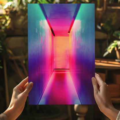 Vibrant gradient neon corridor in pink, purple, teal on Insigne aluminum prints