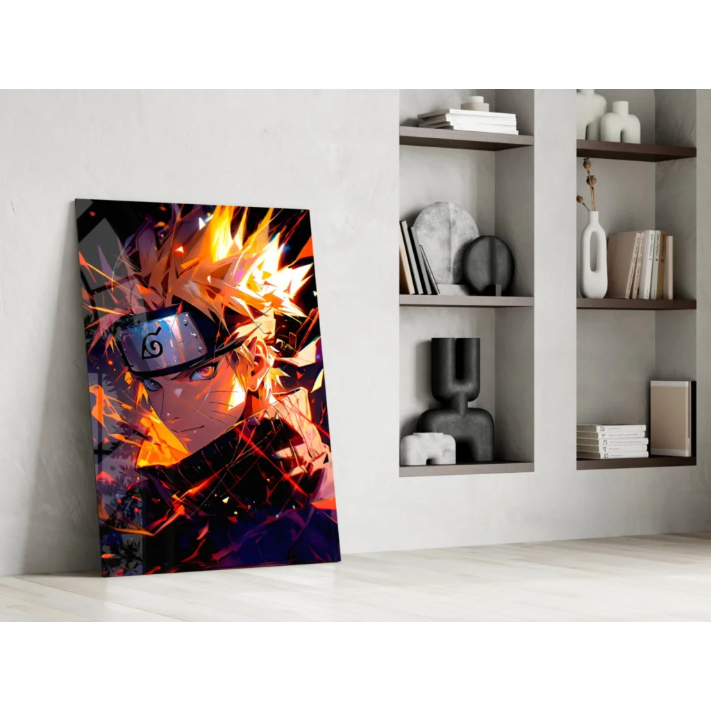 Naruto anime glass wall art poster with vibrant orange black action scene