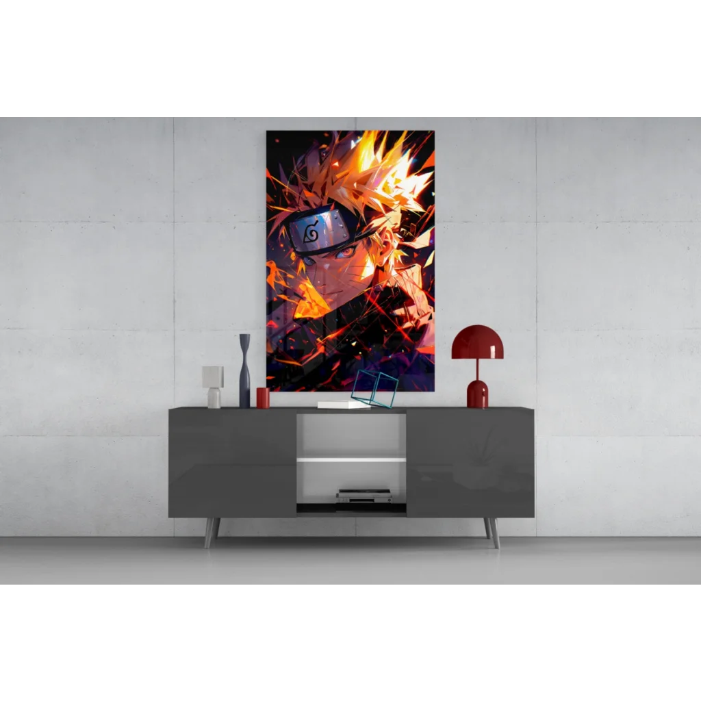 Naruto wall art poster with orange black flames metallic frame