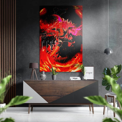 Fiery anime character on brushed aluminium dibond panel