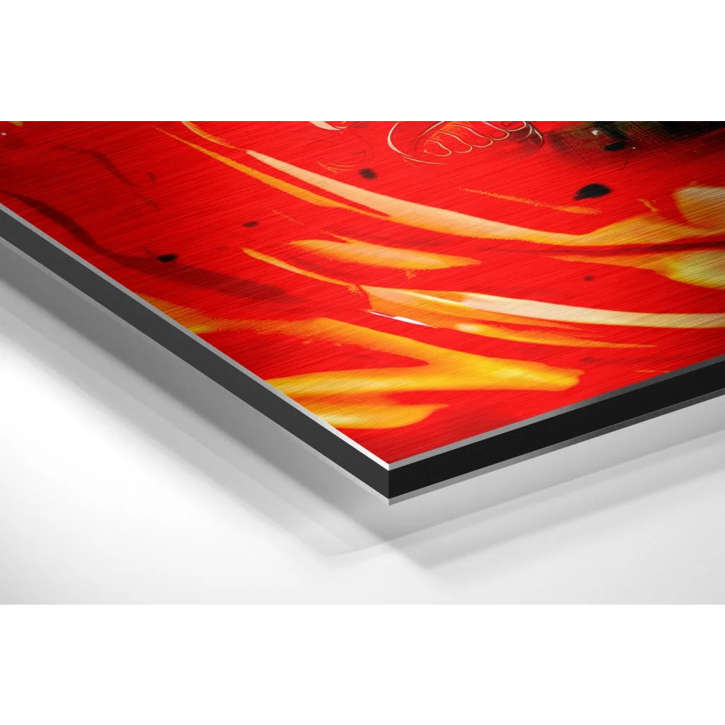 Vibrant red orange abstract on brushed aluminium dibond panel