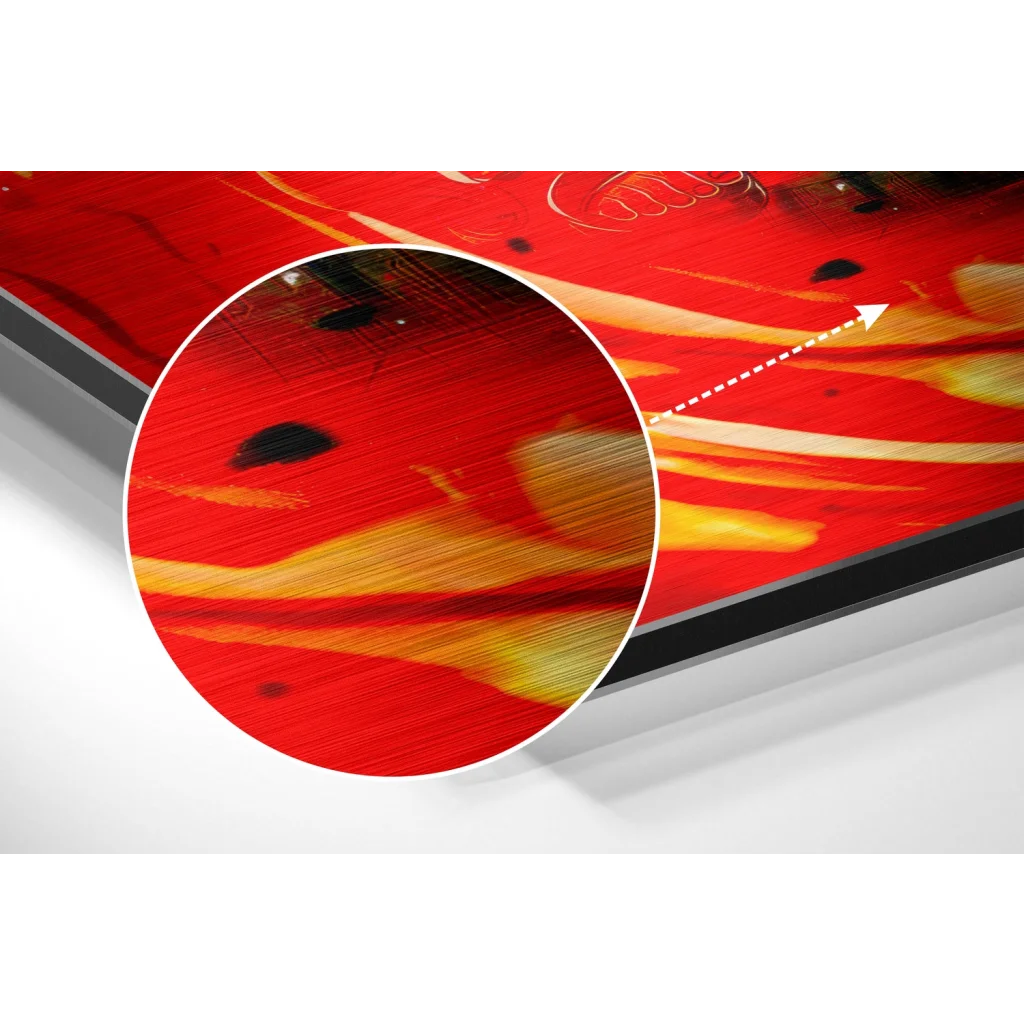 Fiery abstract art on brushed aluminium dibond panel