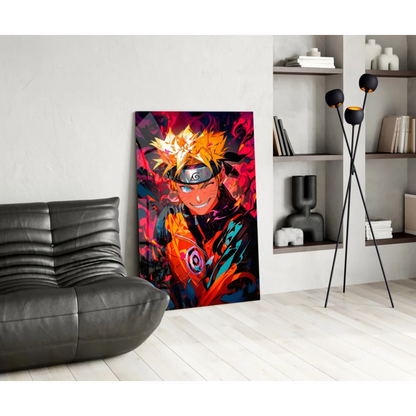 Vibrant Naruto Uzumaki glass wall art with spiky orange hair and fiery background