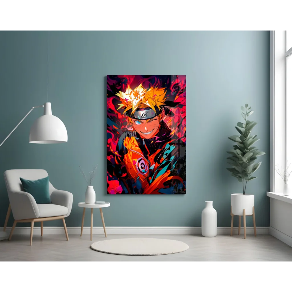 Vibrant Naruto Uzumaki anime glass wall art portrait in dynamic pose