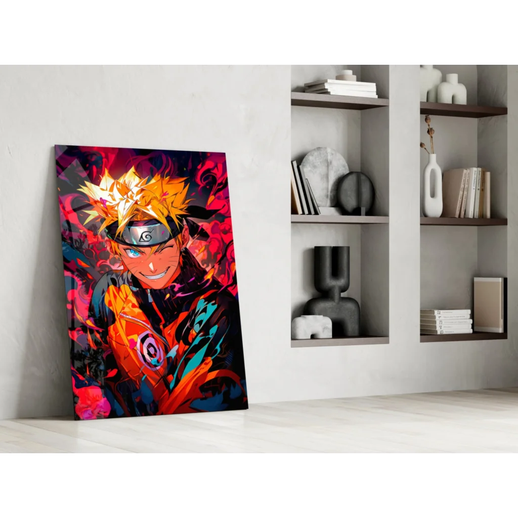 Vibrant Naruto Uzumaki glass wall art with fiery orange hair on colorful canvas