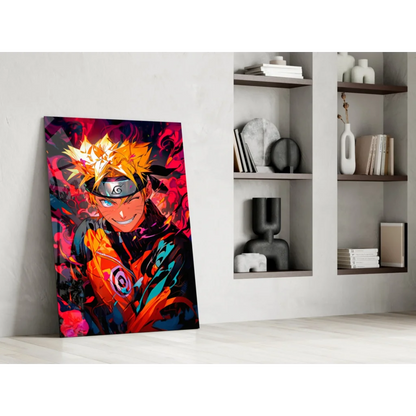 Vibrant Naruto Uzumaki glass wall art with fiery orange hair on colorful canvas
