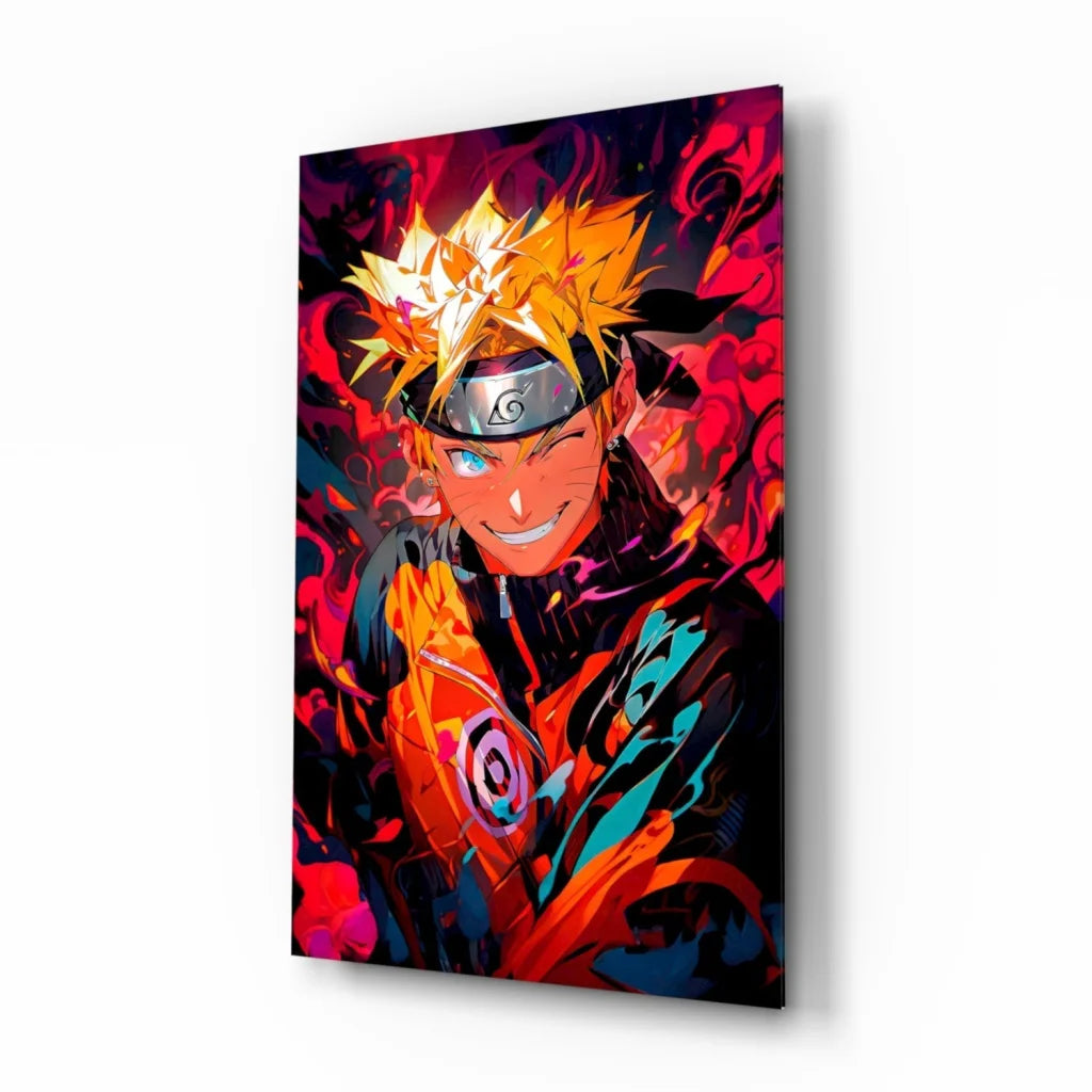 Vibrant Naruto Uzumaki glass wall art portrait with spiky blonde hair