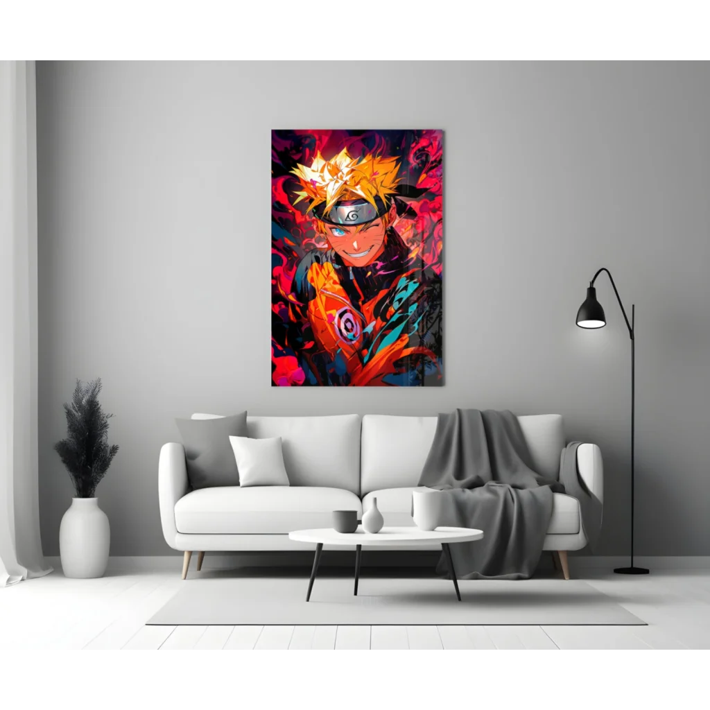 Vibrant Naruto Uzumaki glass wall art portrait in orange outfit