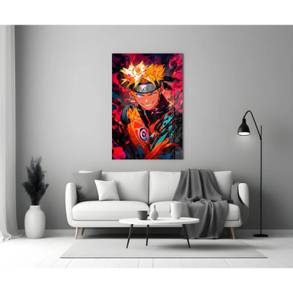 Vibrant Naruto Uzumaki glass wall art portrait in orange outfit