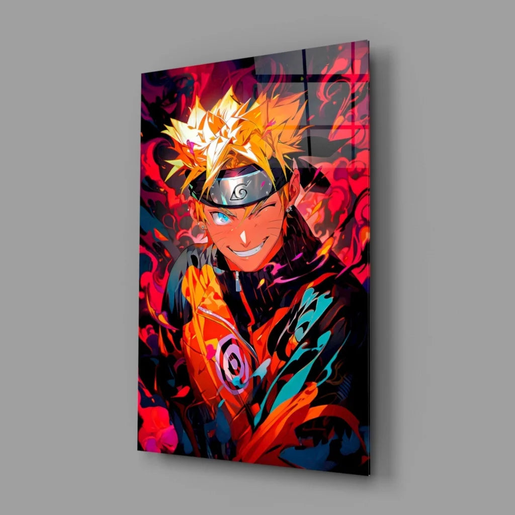 Vibrant Naruto Uzumaki anime portrait on glossy glass wall art panel