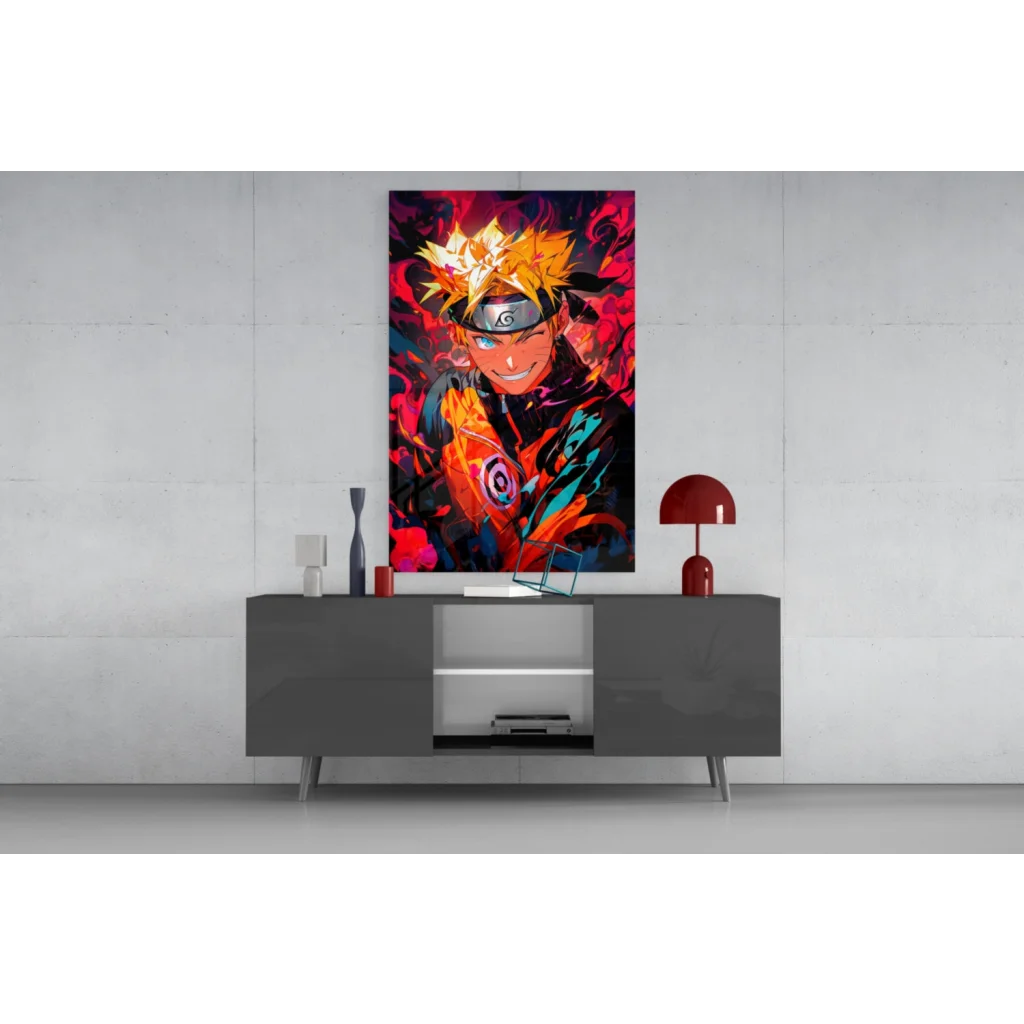 Vibrant Naruto Uzumaki glass wall art with spiky orange hair