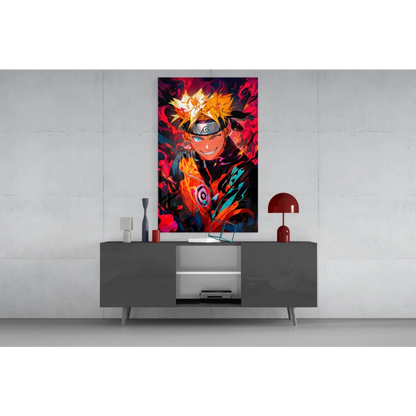 Vibrant Naruto Uzumaki glass wall art with spiky orange hair
