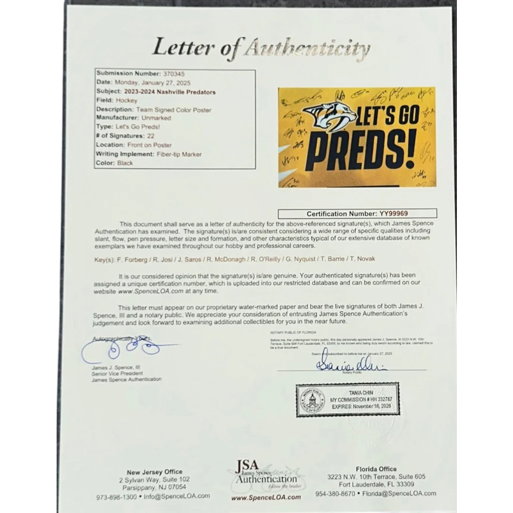 Nashville Predators team autographed framed poster with predator logo