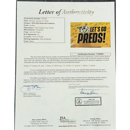 Nashville Predators team autographed framed poster with predator logo