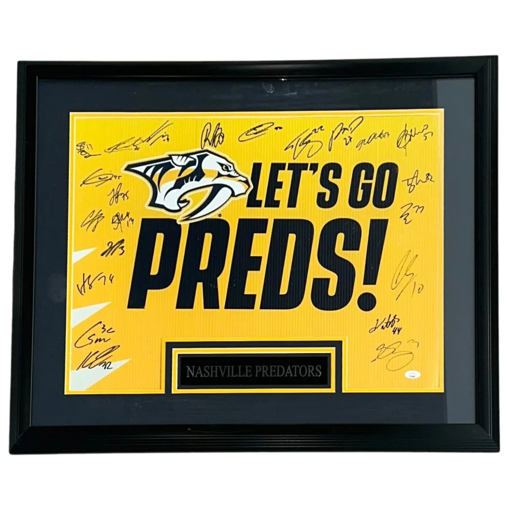 Nashville Predators team autographed deluxe framed poster with yellow frame