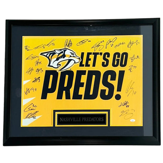 Nashville Predators team autographed deluxe framed poster with yellow frame