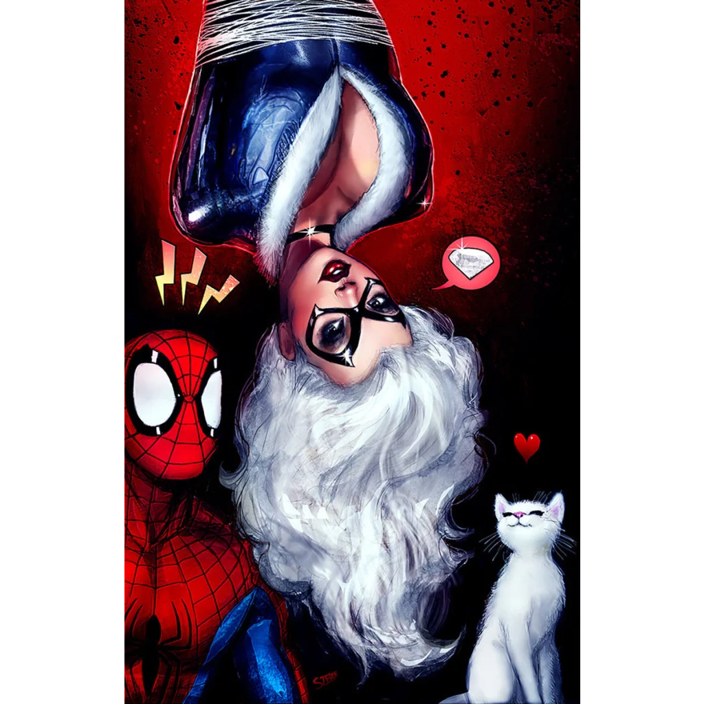 Black Cat, Spider-Man, white cat with hearts and diamond bubble on Nathan Szerdy comic