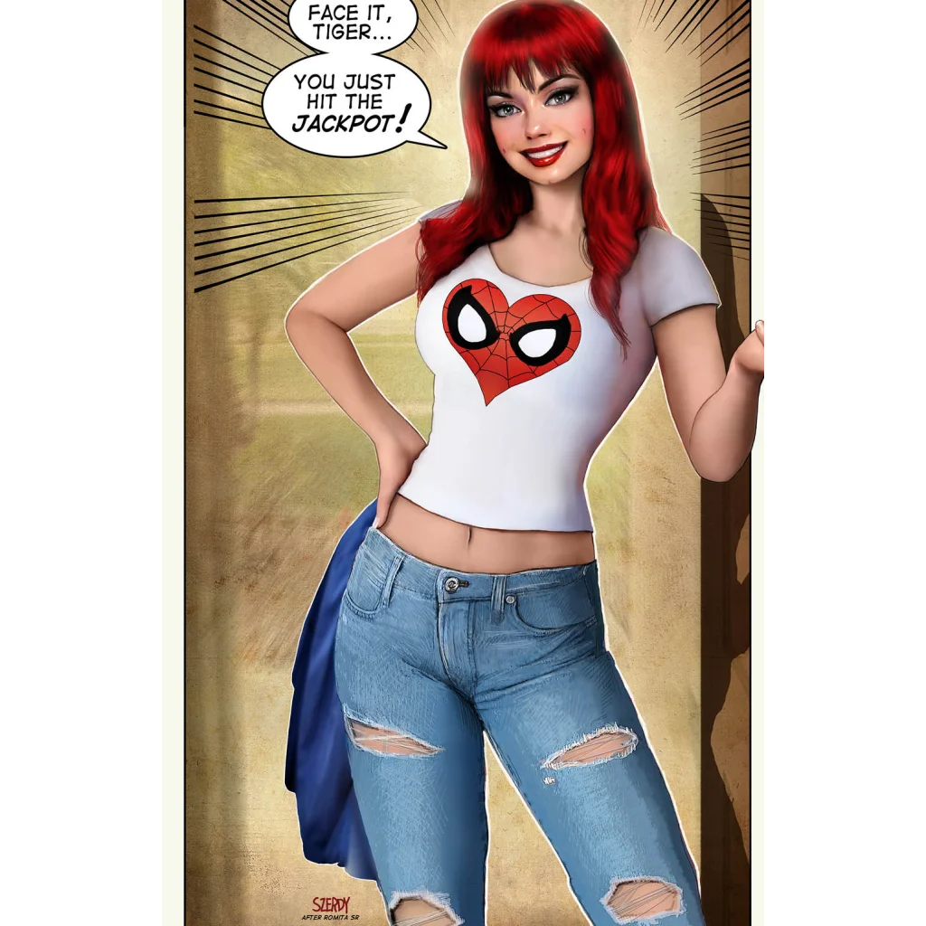 Comic book-style illustration of smiling woman with red hair in Nathan Szerdy Signed Amazing Spider Man 27 Marvel Edition