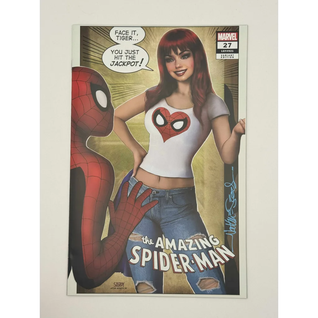 Nathan Szerdy signed Amazing Spider Man 27 variant cover comic book with Spider-Man and Mary Jane