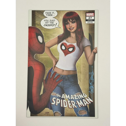 Nathan Szerdy signed Amazing Spider Man 27 variant cover comic book with Spider-Man and Mary Jane