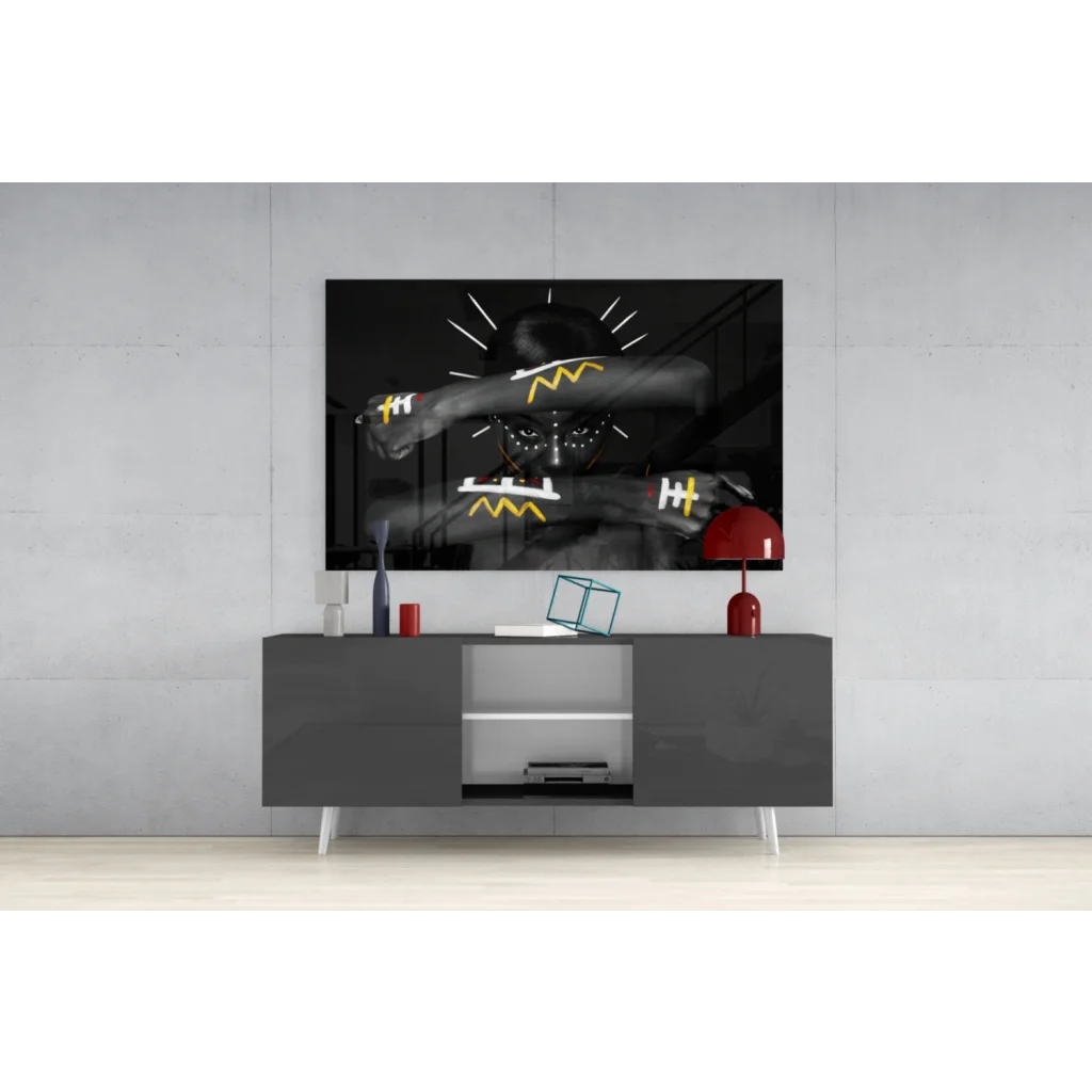 Bold yellow geometric portrait canvas wall art on gray console