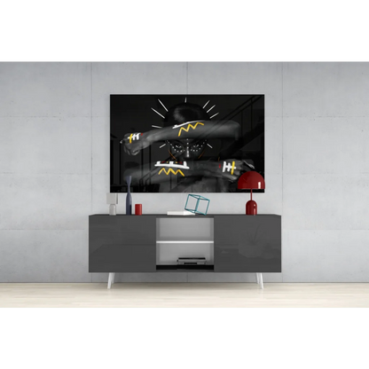 Bold yellow geometric portrait canvas wall art on gray console