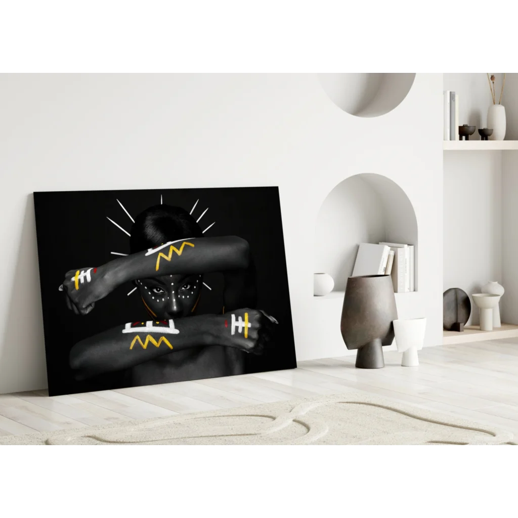 Bold yellow geometric portrait canvas wall art on black print