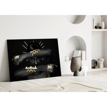 Bold yellow geometric portrait canvas wall art on black print